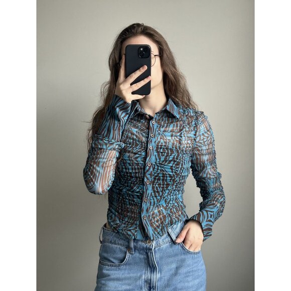 Akira Blue & Brown Zebra Print Ruched Blouse Size Small – Bold Animal Print Top - Picture 3 of 7